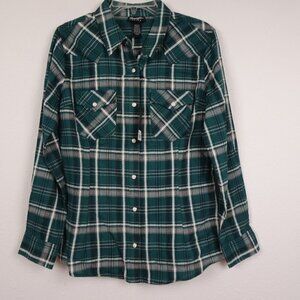 Wrangler Western Shirt Women's Size M Green Plaid Long Sleeve Cowgirl Retro